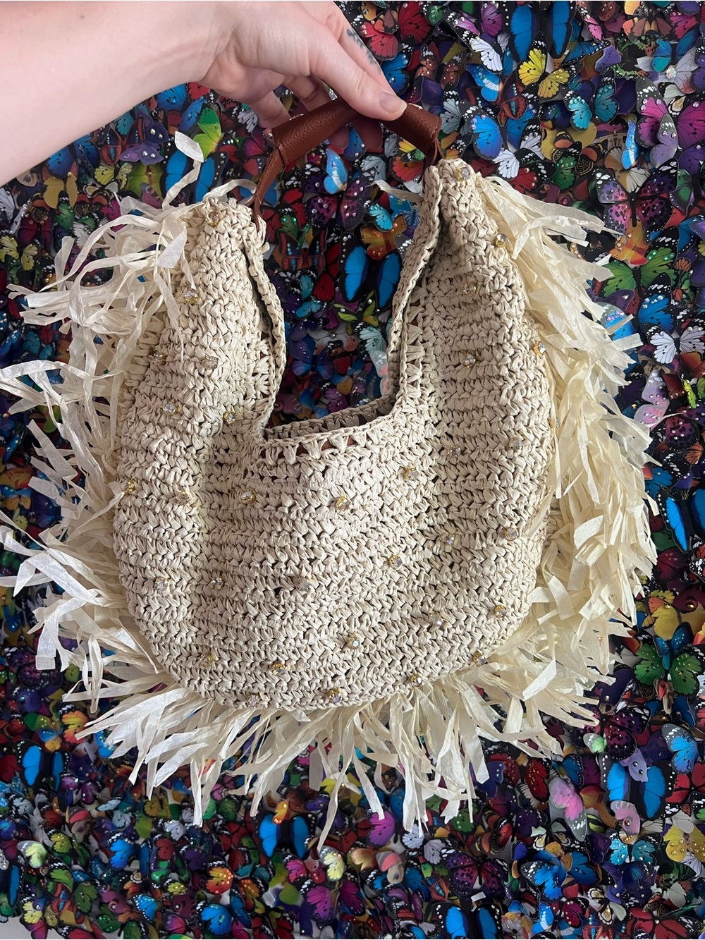Handwoven Cream Raffia Hobo Bag with Brown Handle